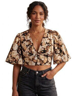 Abercrombie & Fitch | Deep V Neck Crop Blouse Top Brown Floral | Size	XS